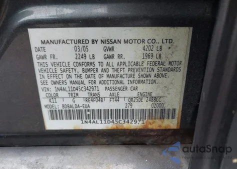 2005 Nissan Altima 2.5 S from USA, damaged, VIN 1N4AL11D45C342971